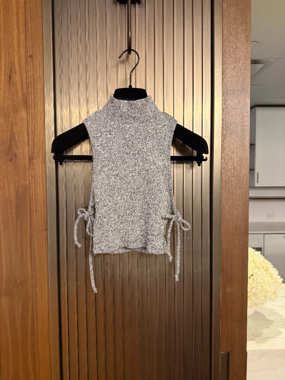 Grey Heather Ribbed Knit Mock Neck Tank | Open Side Tie Crop Top